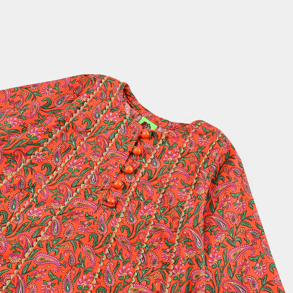 Infant Girls Cotton Poplin Printed Kurti Paisley-ORANGE