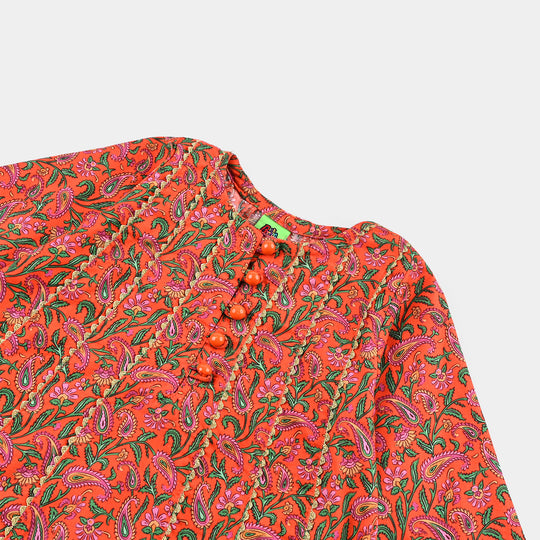 Infant Girls Cotton Poplin Printed Kurti Paisley-ORANGE