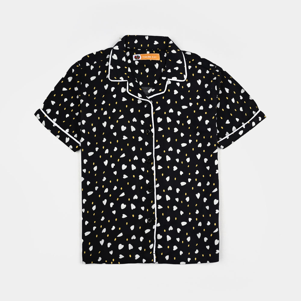 Girls Viscose Nightwear-Polka & Hearts-BLACK