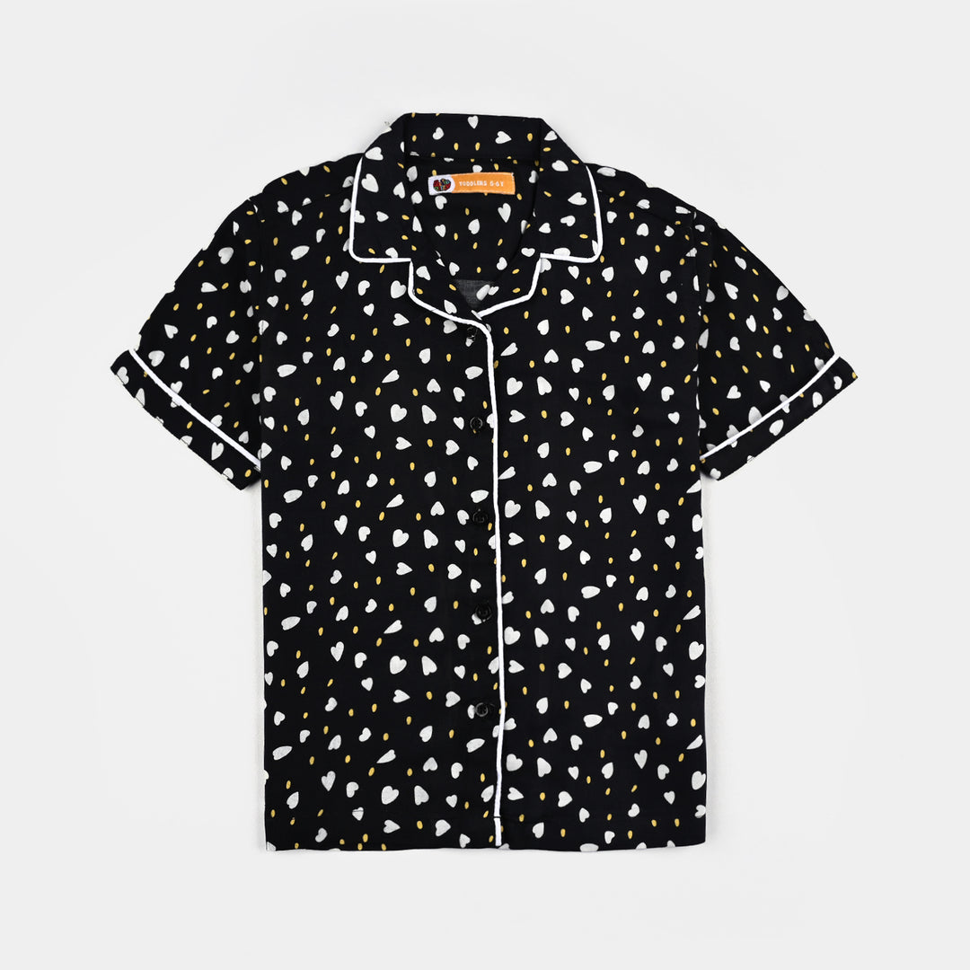Girls Viscose Nightwear-Polka & Hearts-BLACK