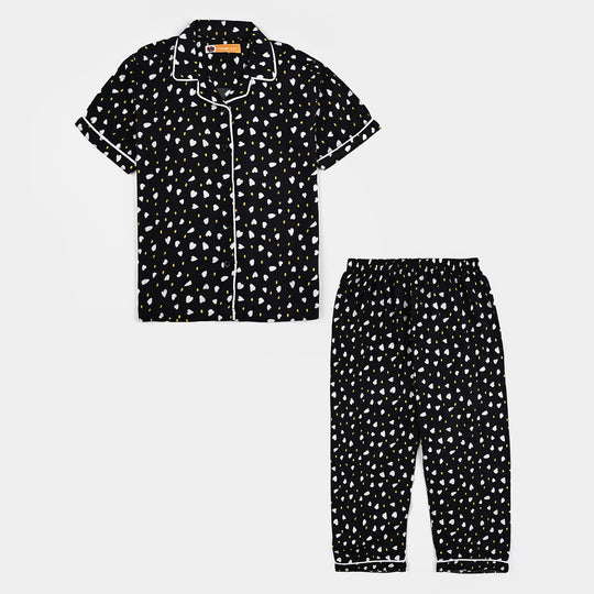 Girls Viscose Nightwear-Polka & Hearts-BLACK