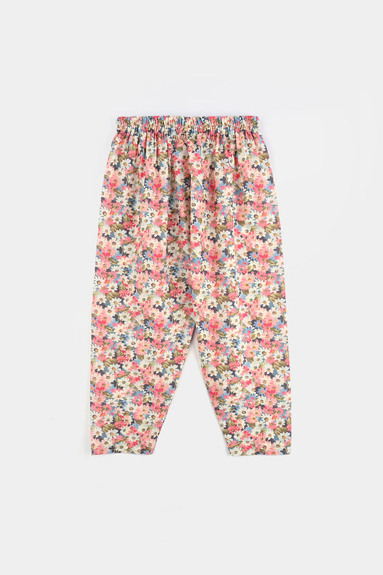Girls Cotton Poplin Printed & EMB 2Pcs Peach-Multi