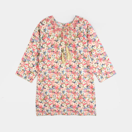 Girls Cotton Poplin Printed & EMB 2Pcs Peach-Multi