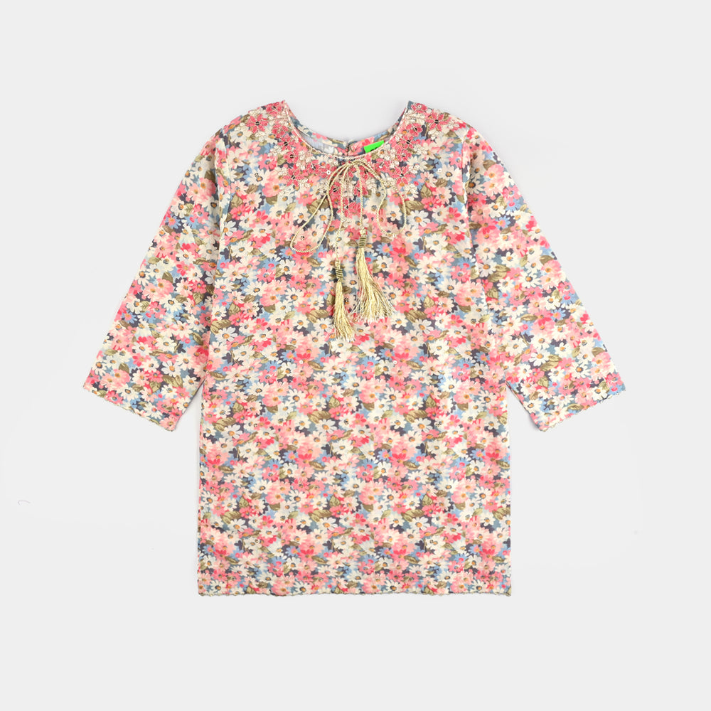 Infant Girls Cotton Poplin Printed & Emb 2Pcs Peach-Multi