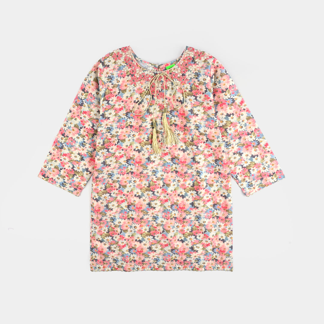 Infant Girls Cotton Poplin Printed & Emb 2Pcs Peach-Multi