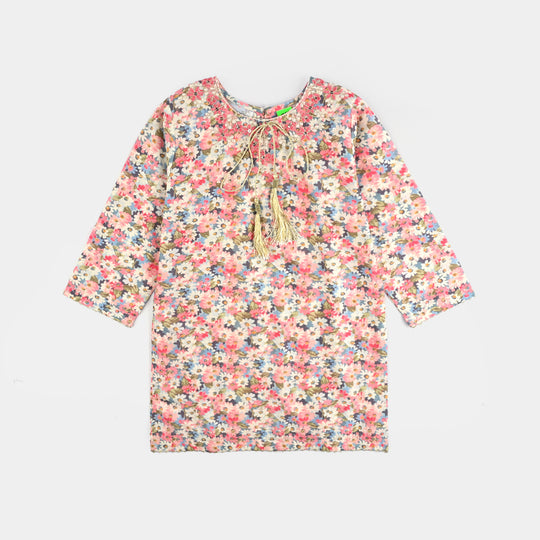 Infant Girls Cotton Poplin Printed & Emb 2Pcs Peach-Multi
