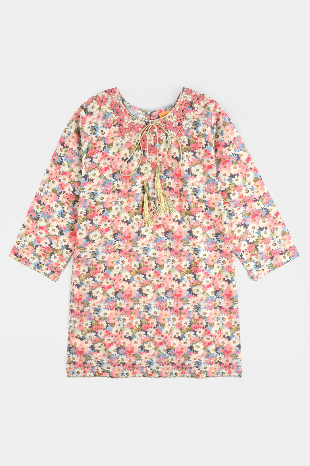 Girls Cotton Poplin Printed & EMB 2Pcs Peach-Multi