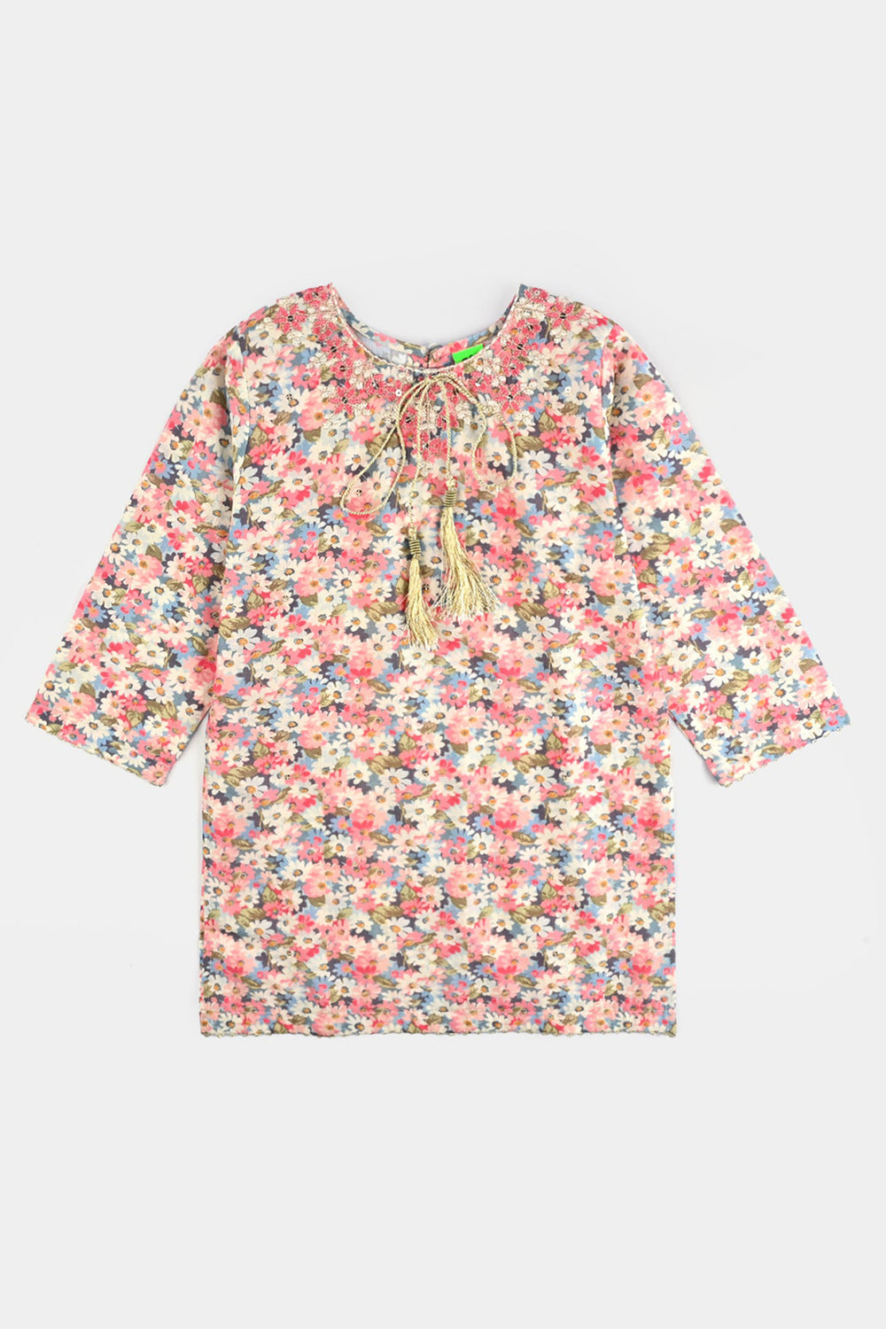 Infant Girls Cotton Poplin Printed & Emb 2Pcs Peach-Multi
