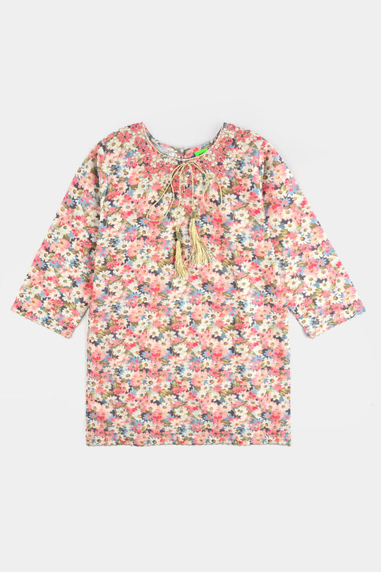 Infant Girls Cotton Poplin Printed & Emb 2Pcs Peach-Multi