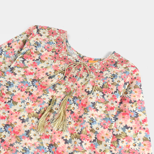 Girls Cotton Poplin Printed & EMB 2Pcs Peach-Multi