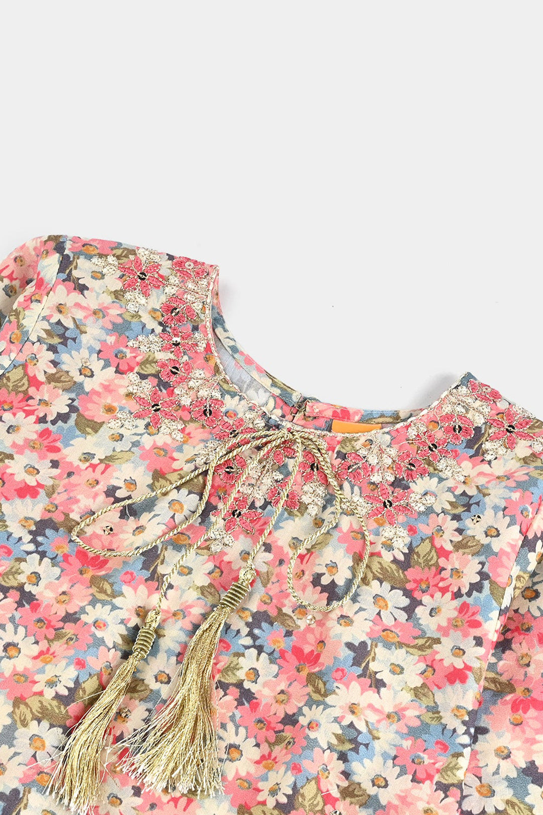 Girls Cotton Poplin Printed & EMB 2Pcs Peach-Multi