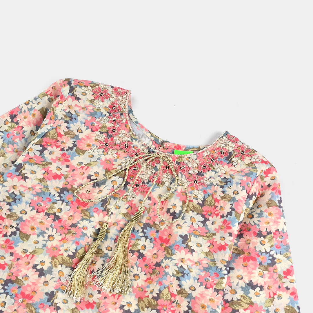 Infant Girls Cotton Poplin Printed & Emb 2Pcs Peach-Multi
