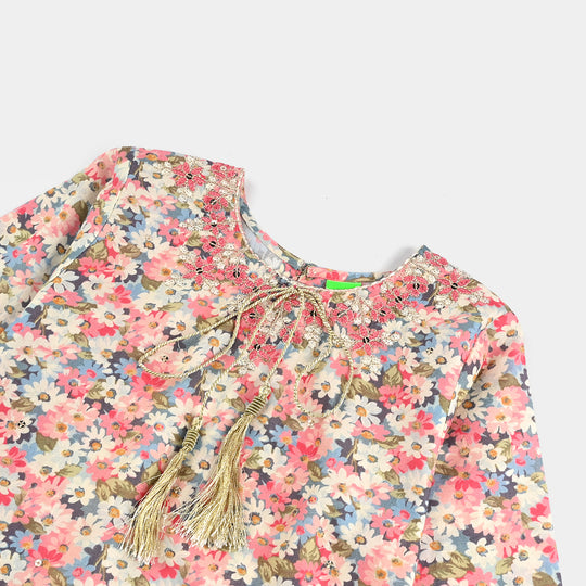 Infant Girls Cotton Poplin Printed & Emb 2Pcs Peach-Multi