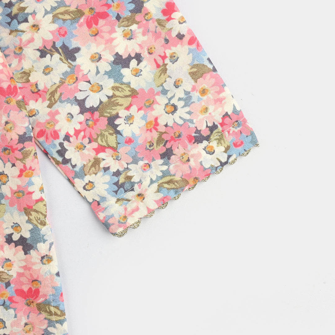 Infant Girls Cotton Poplin Printed & Emb 2Pcs Peach-Multi
