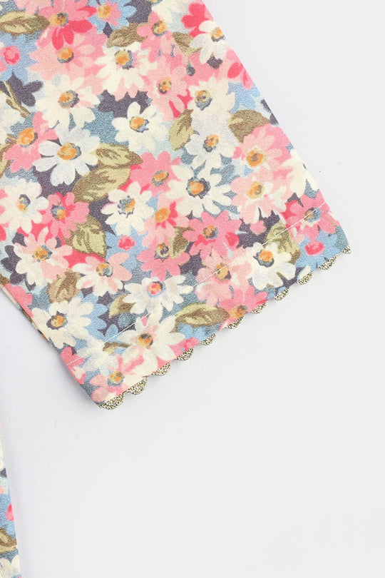 Girls Cotton Poplin Printed & EMB 2Pcs Peach-Multi