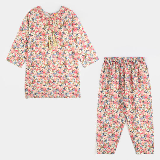 Girls Cotton Poplin Printed & EMB 2Pcs Peach-Multi