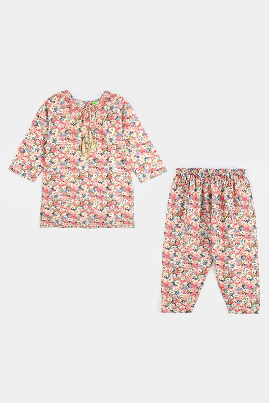 Infant Girls Cotton Poplin Printed & Emb 2Pcs Peach-Multi