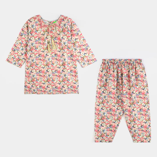 Infant Girls Cotton Poplin Printed & Emb 2Pcs Peach-Multi