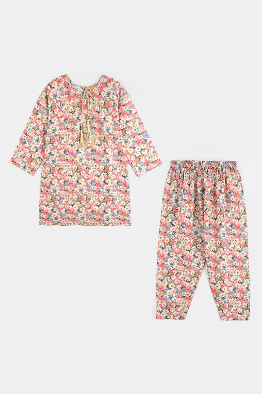 Girls Cotton Poplin Printed & EMB 2Pcs Peach-Multi