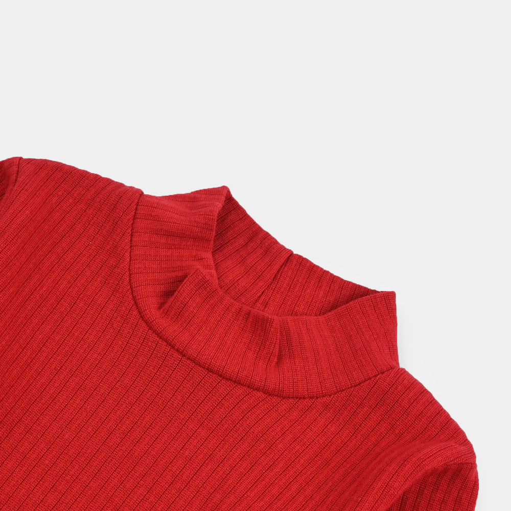 Girls Rib Turtle Neck T-Shirt - C.Red