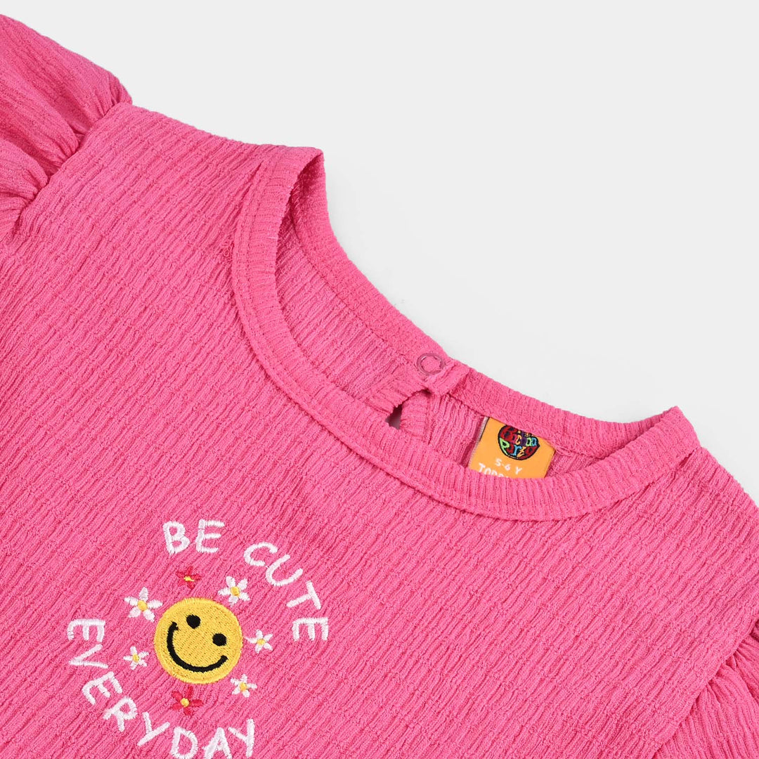 Girls Poly Crinkle Knitted Frock BE CUTE-Hot Pink