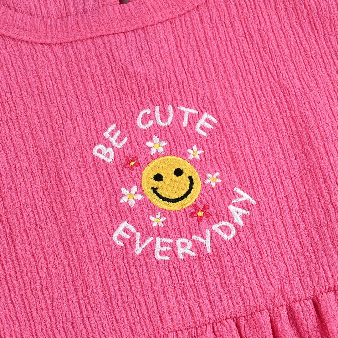 Girls Poly Crinkle Knitted Frock BE CUTE-Hot Pink