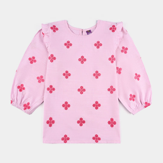 Girls Cotton Emb Top Pink Stripes-Pink