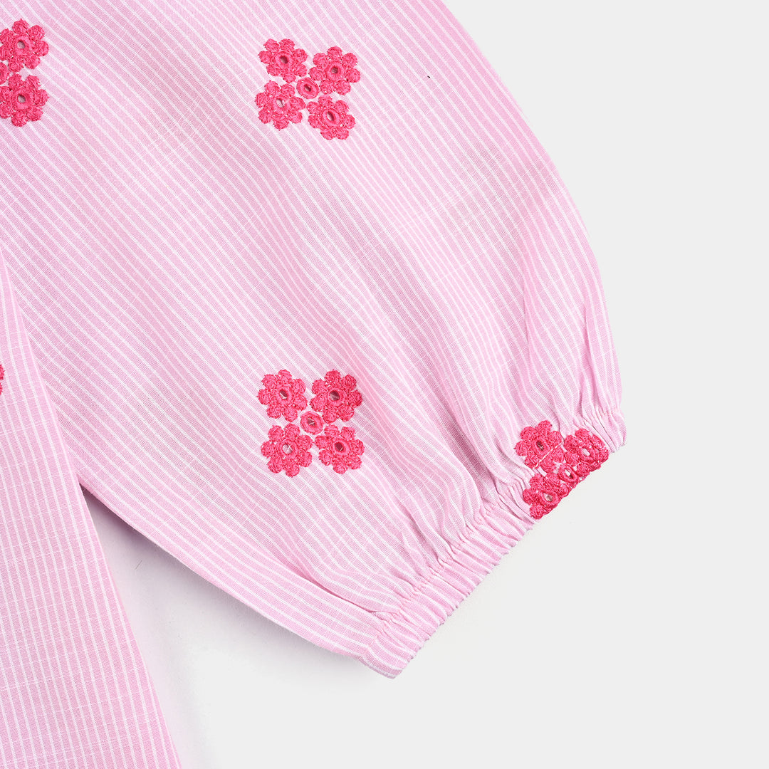 Girls Cotton Emb Top Pink Stripes-Pink