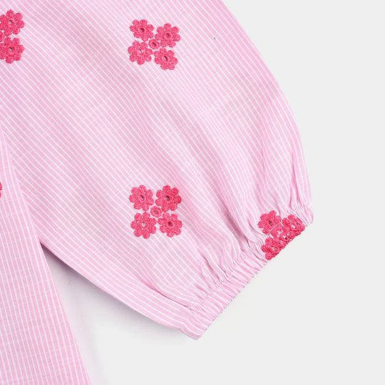 Girls Cotton Emb Top Pink Stripes-Pink