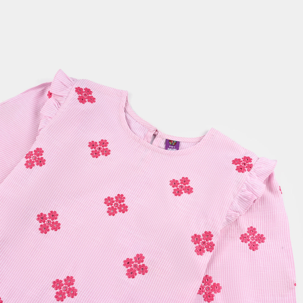 Girls Cotton Emb Top Pink Stripes-Pink