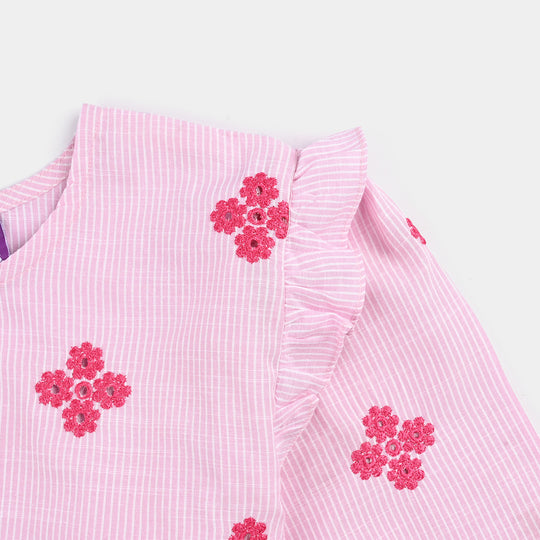 Girls Cotton Emb Top Pink Stripes-Pink