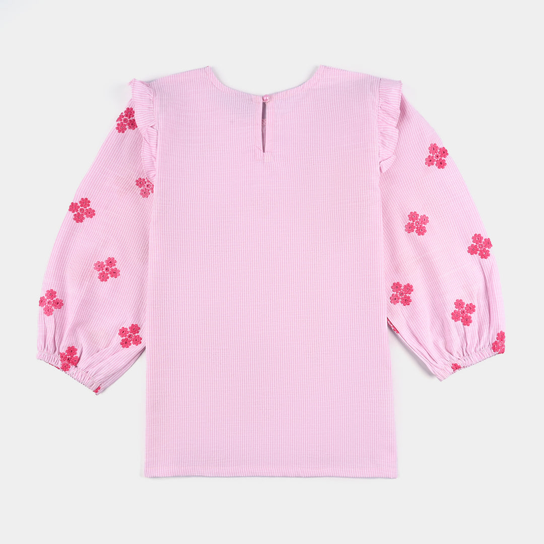Girls Cotton Emb Top Pink Stripes-Pink