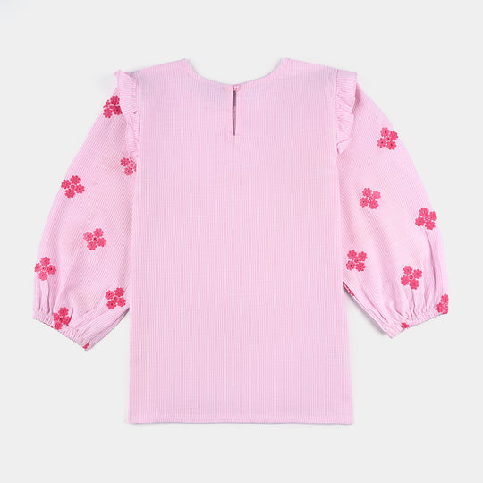 Girls Cotton Emb Top Pink Stripes-Pink