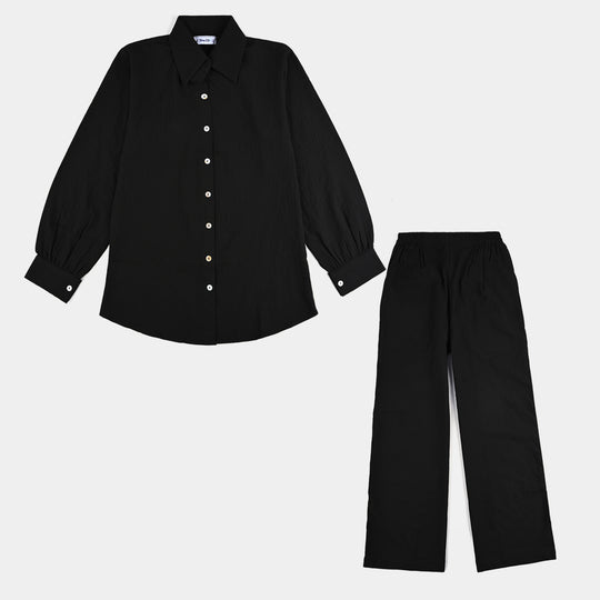 Teens Girls Poly Cotton CO-Ord Set Crinkle-BLACK