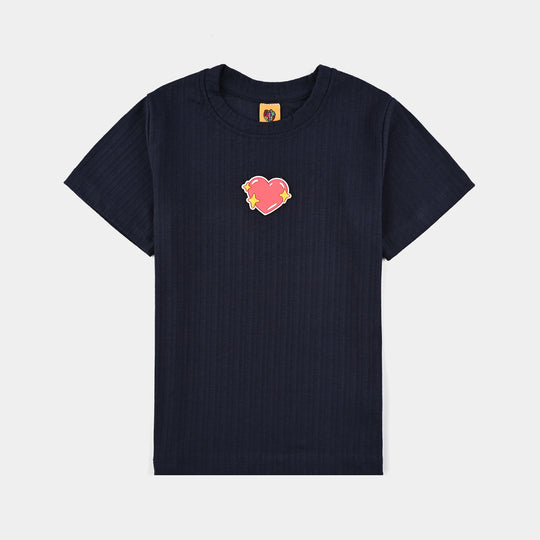 Girls Jacquard T-Shirt H/S Hearts-NAVY