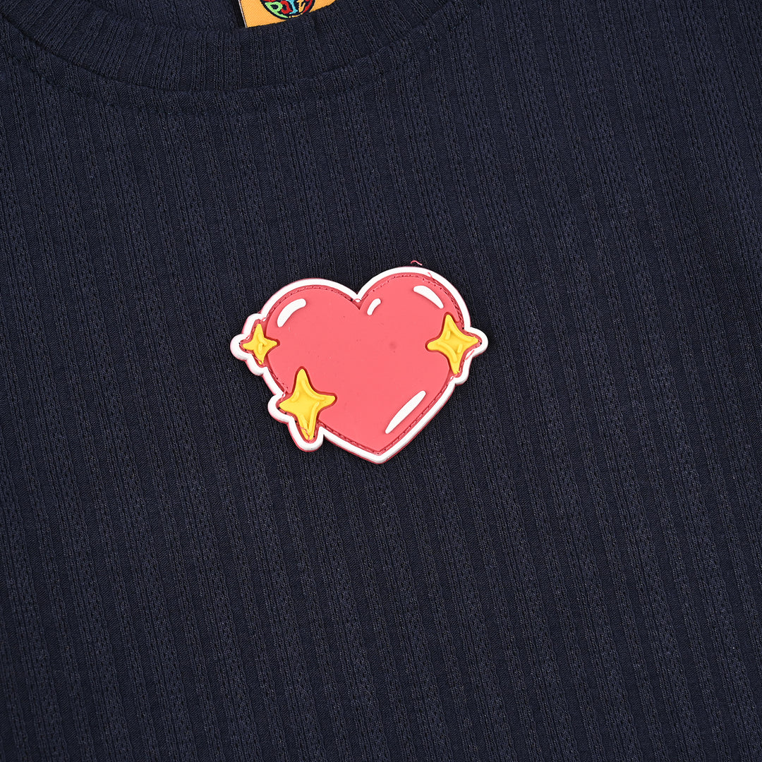 Girls Jacquard T-Shirt H/S Hearts-NAVY