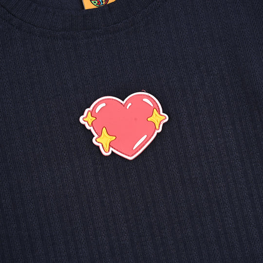 Girls Jacquard T-Shirt H/S Hearts-NAVY