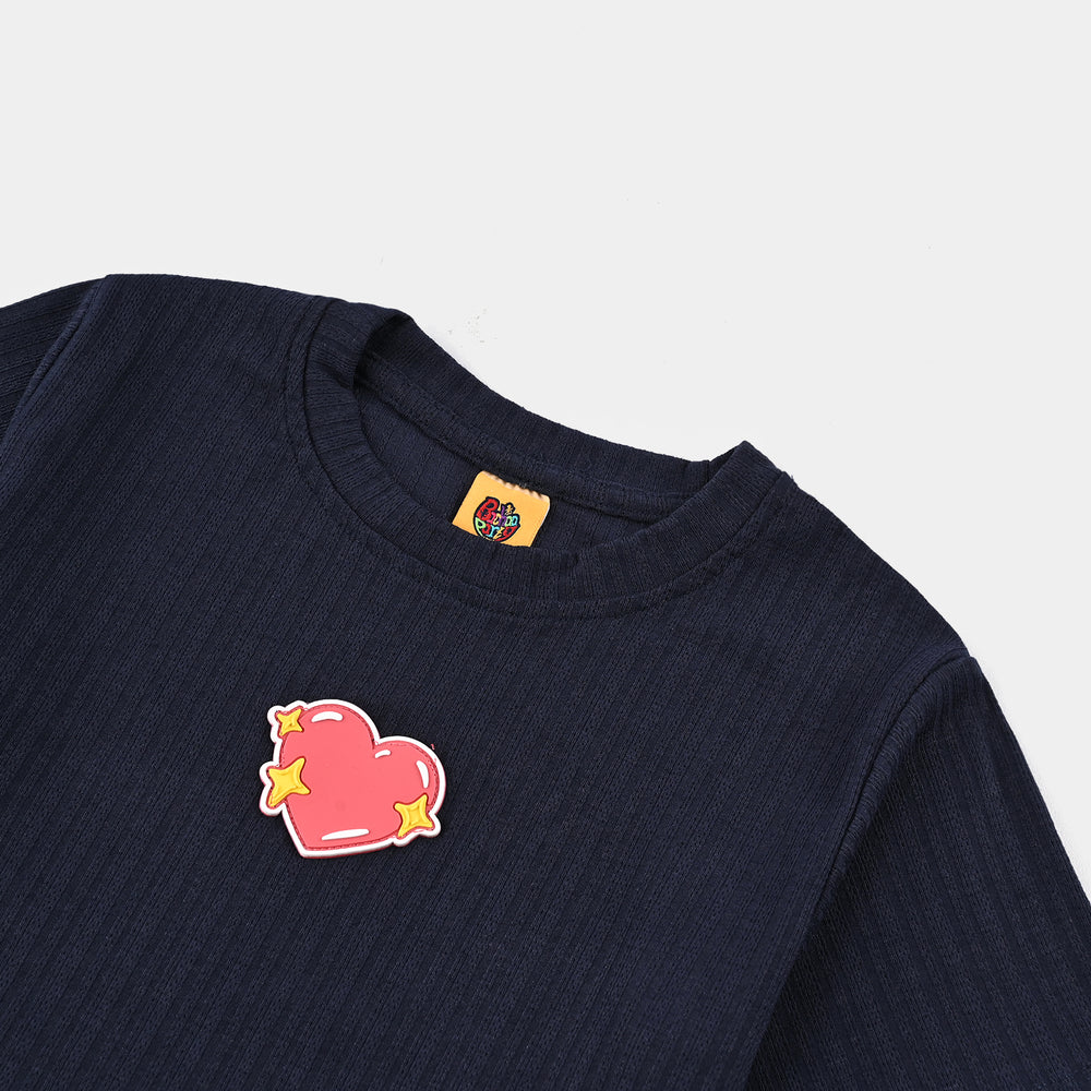 Girls Jacquard T-Shirt H/S Hearts-NAVY