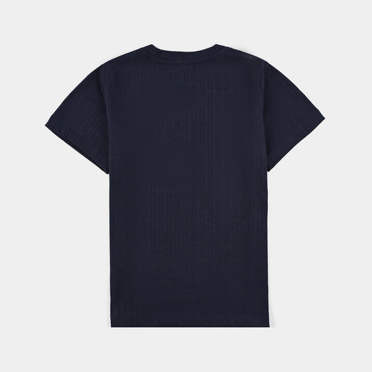 Girls Jacquard T-Shirt H/S Hearts-NAVY