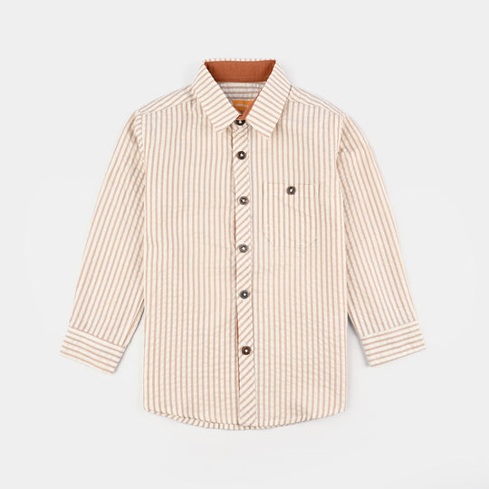 Boys Yarn Dyed Shirt F/S (Brown Drift) - Brown Stripe