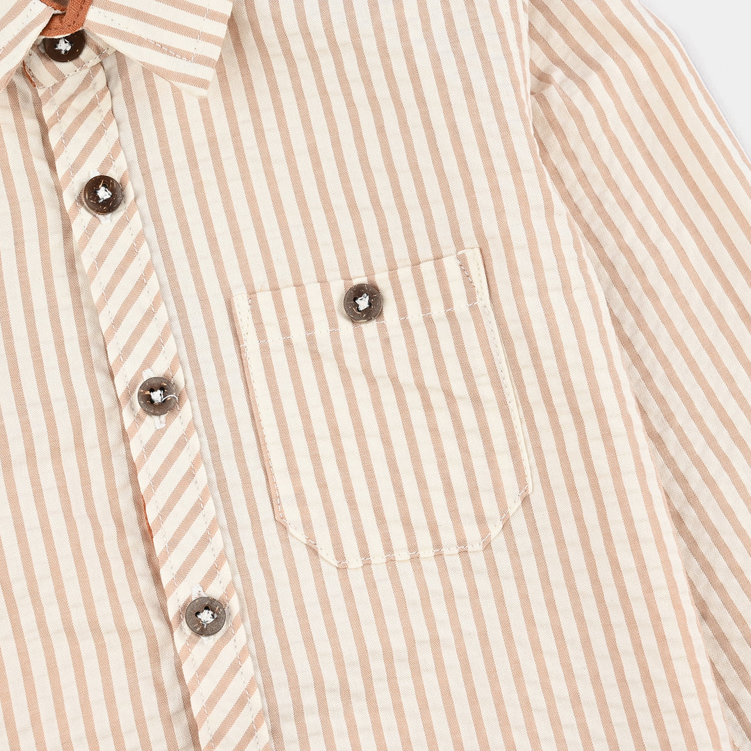 Boys Yarn Dyed Shirt F/S (Brown Drift) - Brown Stripe
