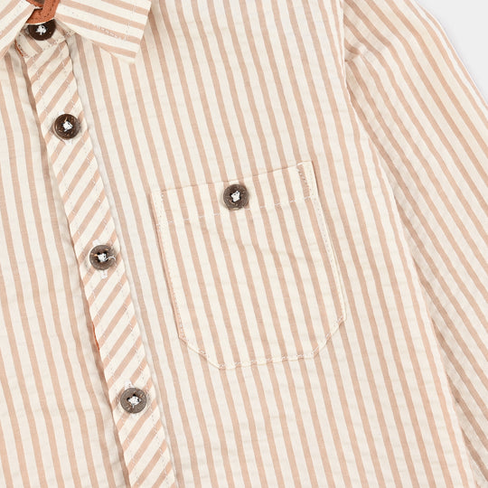Boys Yarn Dyed Shirt F/S (Brown Drift) - Brown Stripe