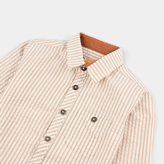 Boys Yarn Dyed Shirt F/S (Brown Drift) - Brown Stripe