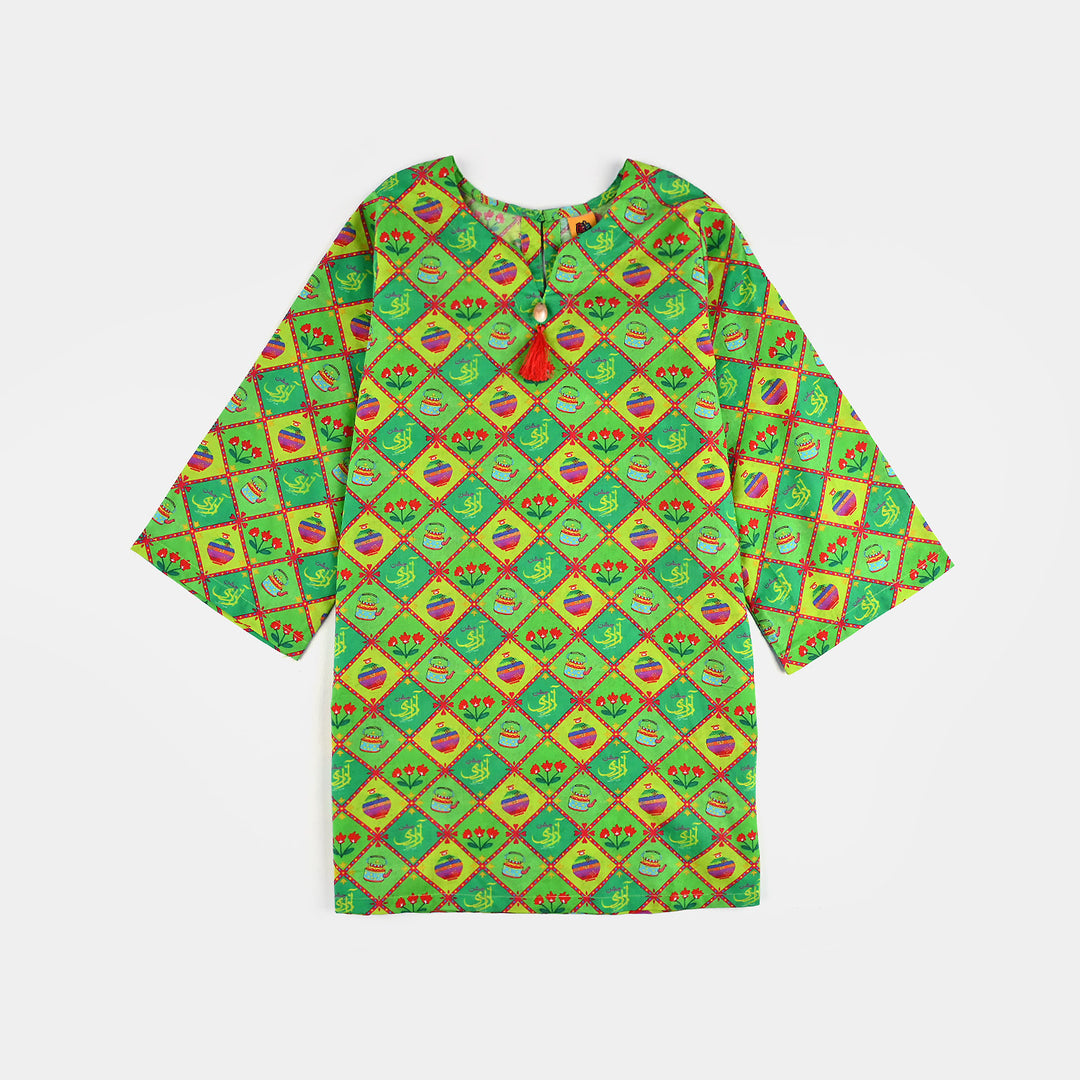Infant Girls Cotton Printed Kurti Kettle And Flowers Ind-Multi