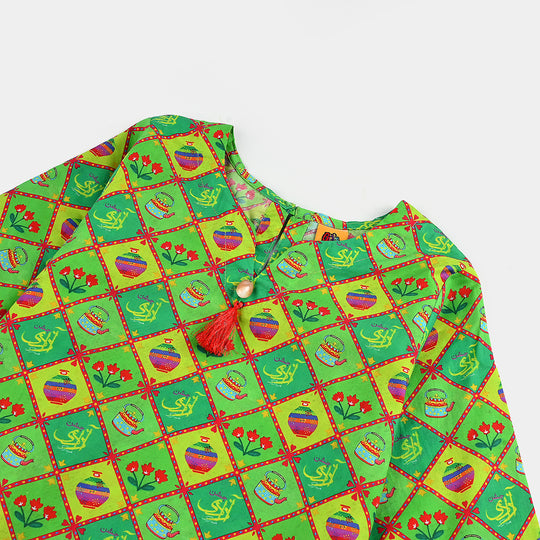 Infant Girls Cotton Printed Kurti Kettle And Flowers Ind-Multi