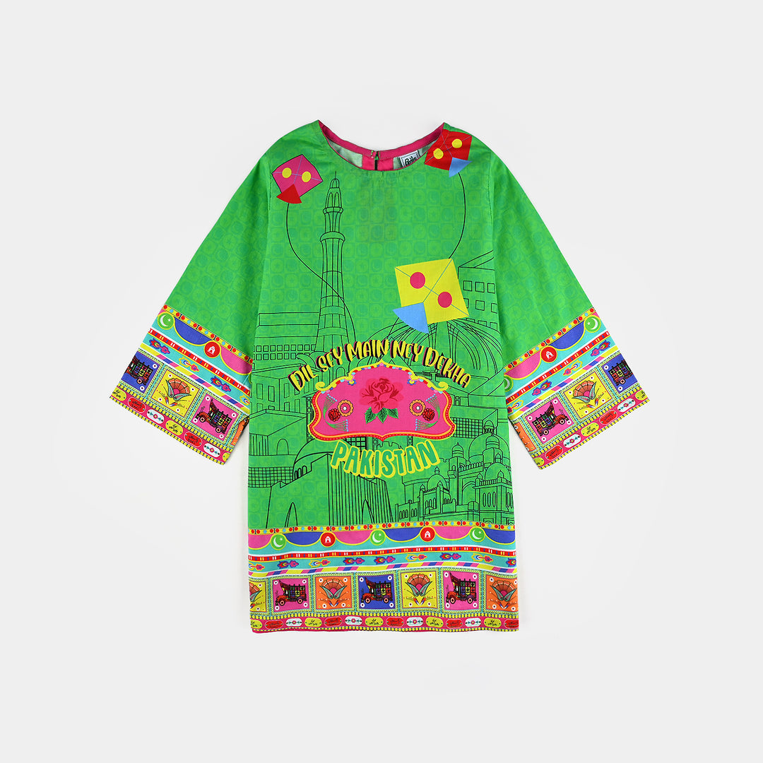 Infant Girls Cotton Printed Kurti Dill Sa Pakistan Ind-L.Green