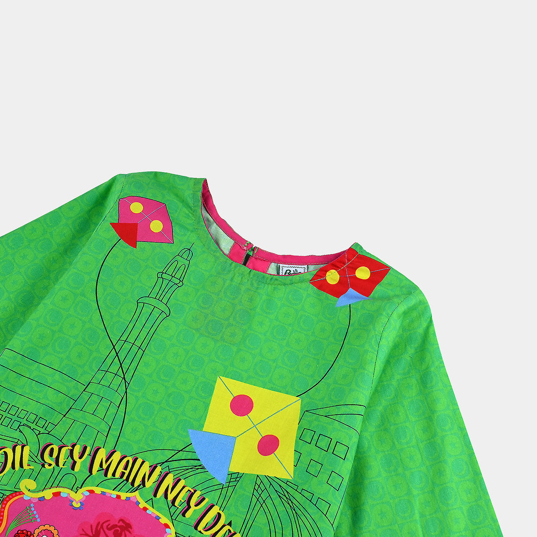 Infant Girls Cotton Printed Kurti Dill Sa Pakistan Ind-L.Green