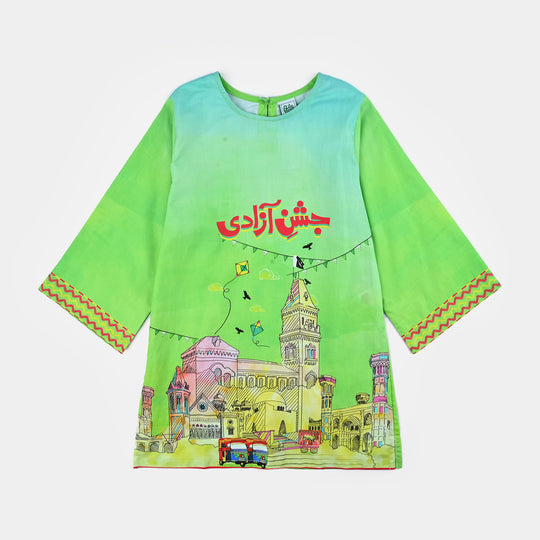 Girls Cotton Printed Kurti Rang -E-Azadi Ind-GREEN