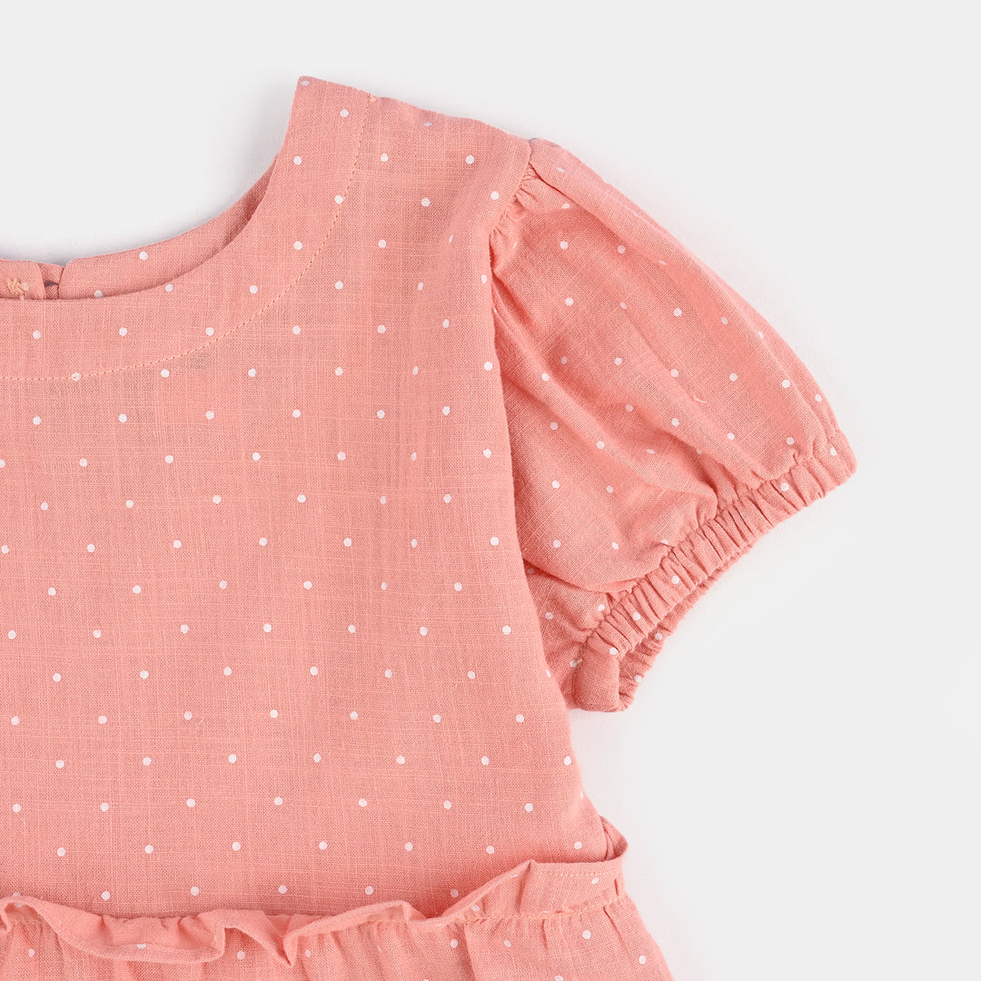 Girls Cotton Casual Frock Polka Dot - Peach