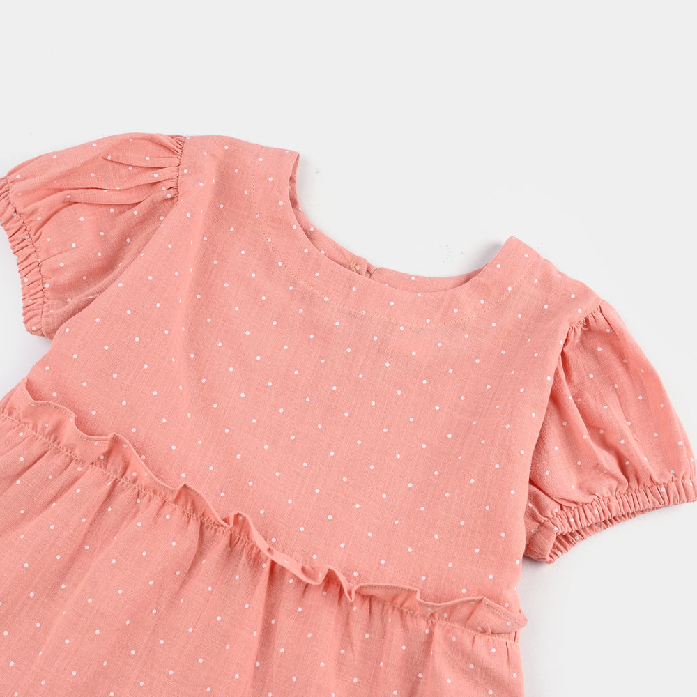 Girls Cotton Casual Frock Polka Dot - Peach